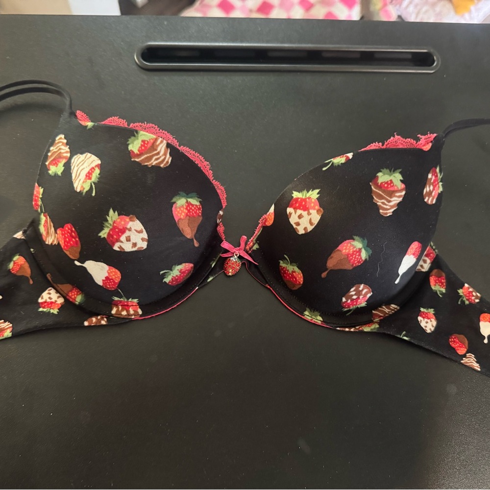 Victoria's Secret Black Bra with Red Lining and Strawberry Print
